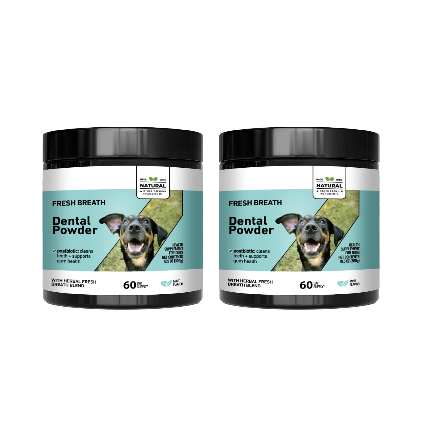 Natural Dog Cat Dental Care Powder - Mint flavored teeth cleaning formula freshens breath & prevents tartar formation for pets.