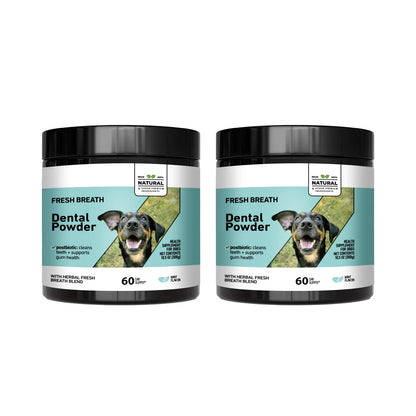 Natural Dog Cat Dental Care Powder - Mint flavored teeth cleaning formula freshens breath & prevents tartar formation for pets.
