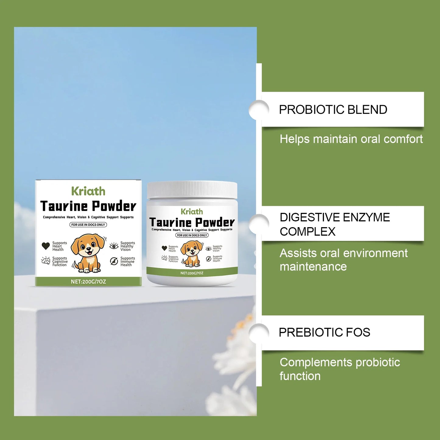 Dog Taurine Powder Easy-To-Mix Support Cognitive Health Enhance Hair Radiance Improve Heart Wellness Pet Nutritional Supplements