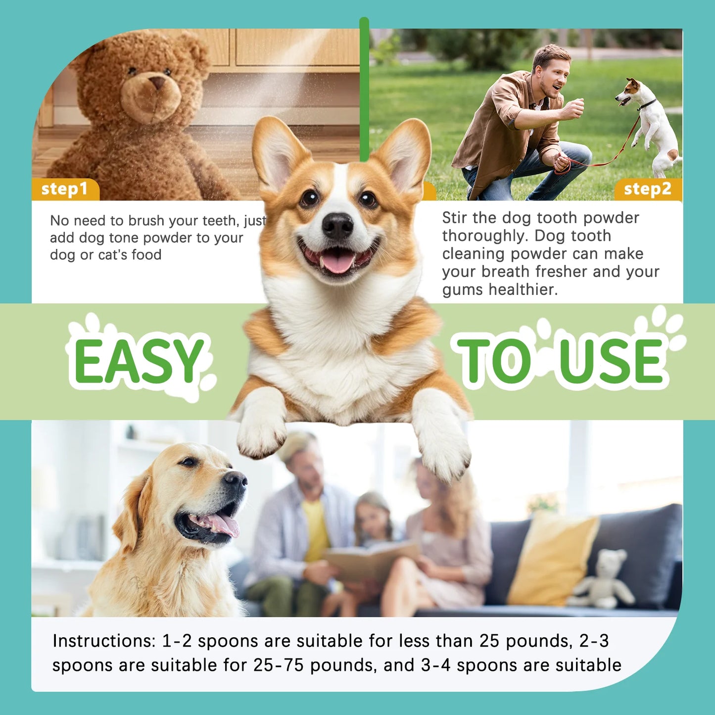 Natural Dog Cat Dental Care Powder - Mint flavored teeth cleaning formula freshens breath & prevents tartar formation for pets.