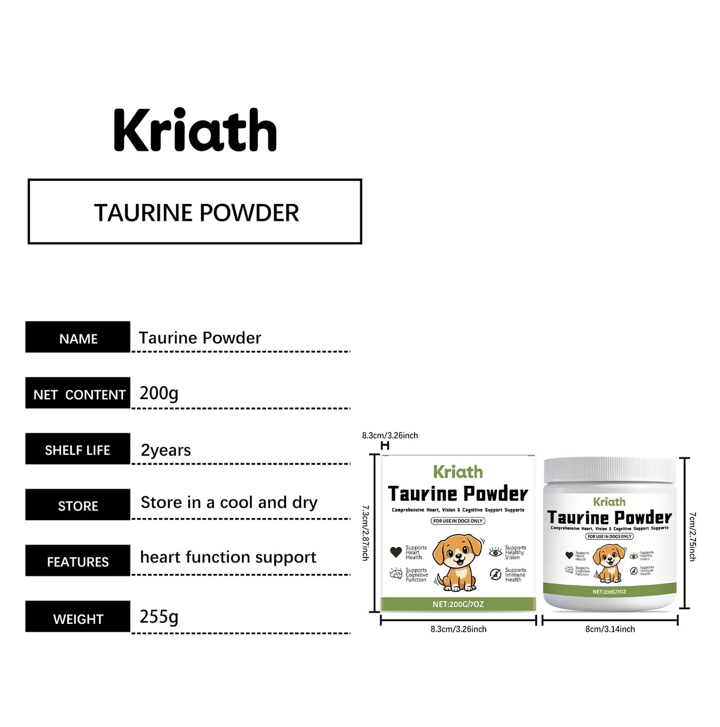 Dog Taurine Powder Easy-To-Mix Support Cognitive Health Enhance Hair Radiance Improve Heart Wellness Pet Nutritional Supplements