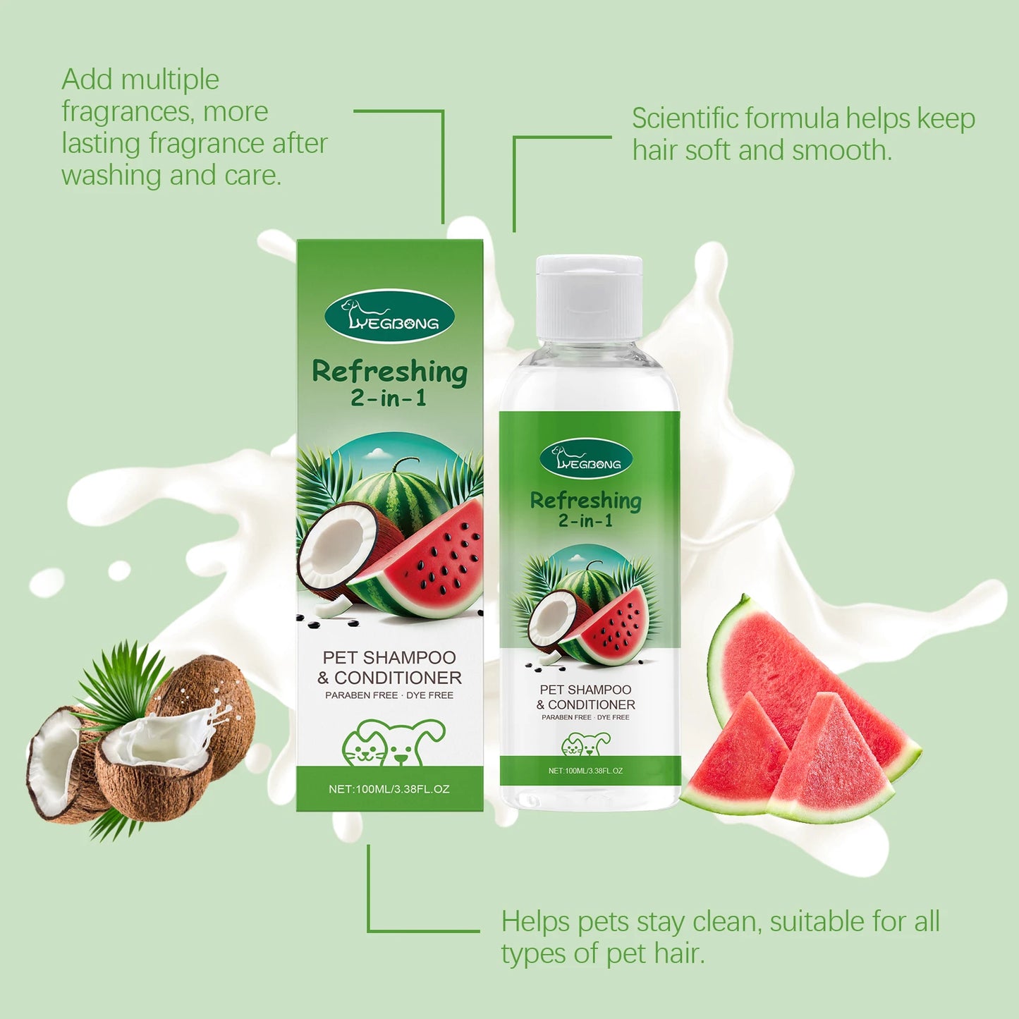 YEGBONG 100ml Hypoallergenic Pet 2in1 Shampoo and Conditioner pH Balanced Tear Free Bath for Dogs and Cats with Sensitive Skin