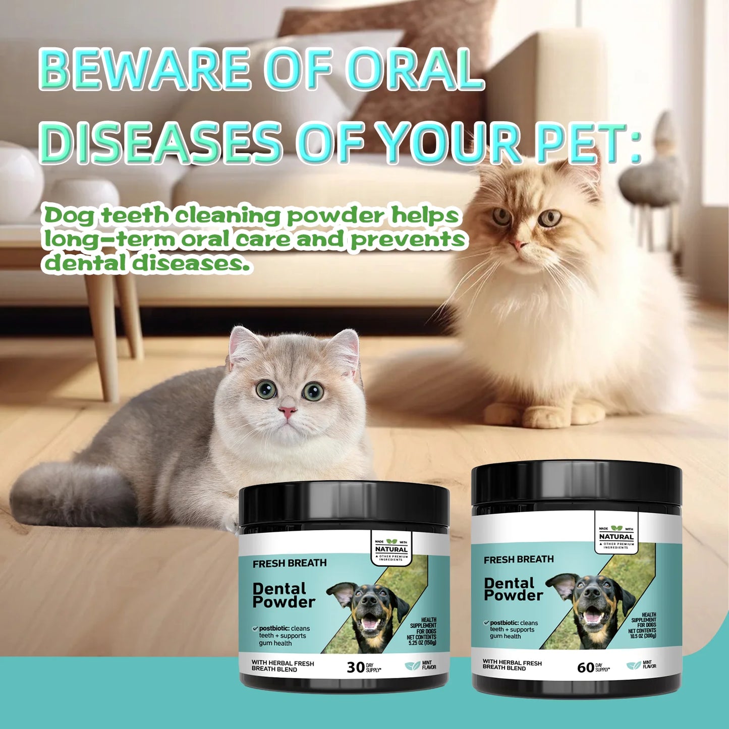 Pet Dental Cleaning Powder for Dogs & Cats - Freshens Breath, Removes Tartar & Plaque, Provides Comprehensive Oral Care.